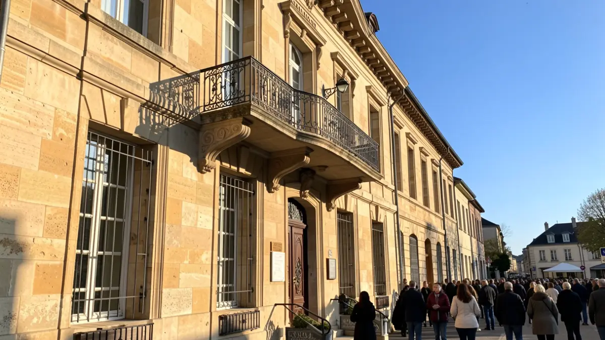 Stone facade of an Auvergne-Rhône-Alpes town hall with an ornate balcony and iron railings, warm afternoon sunlight casting shadows on the sandstone walls, clear blue sky, documentary photography style.