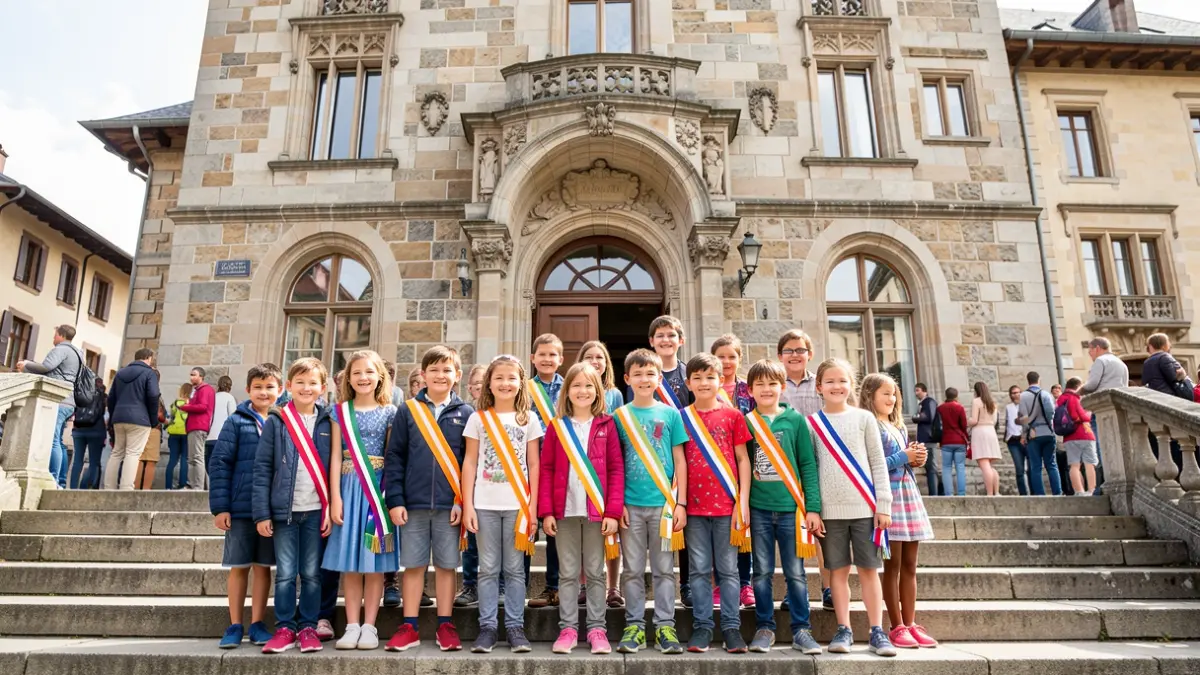 Generic image of young municipal elected officials in front of a French town hall.