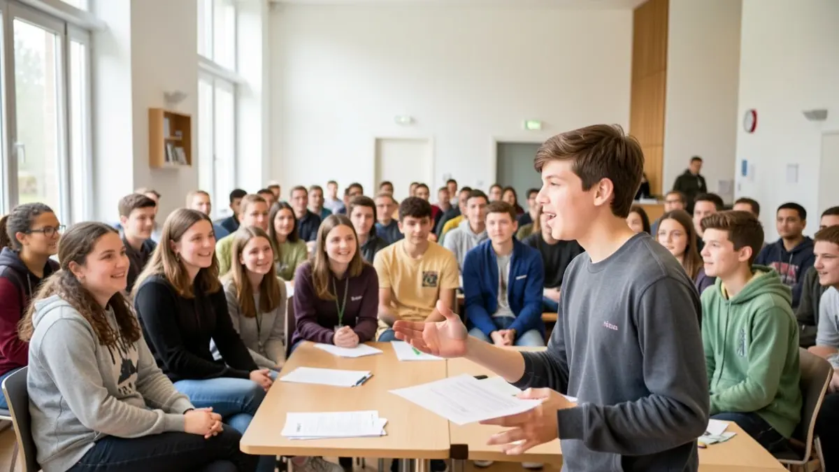 Image générique d'une salle de réunion de mairie animée par de jeunes participants.