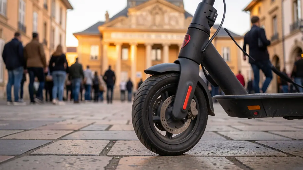 Image générique d'une roue de trottinette électrique garée sur un trottoir pavé, avec un éclairage de fin de journée.
