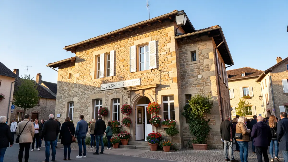 Image générique de la façade d'une mairie avec des pots de fleurs.