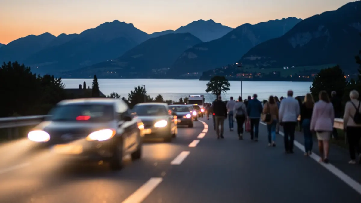 Generic image of carpooling in the Sources du Lac d'Annecy region, featuring car lights and a mountainous landscape.