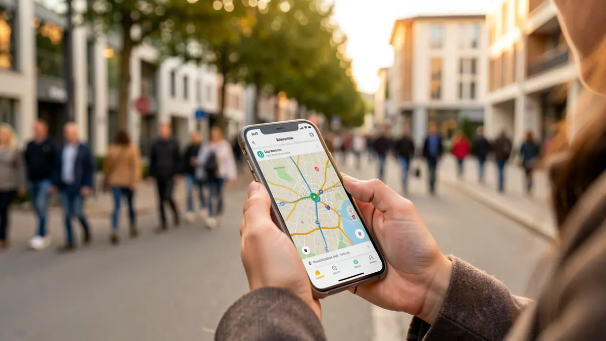 Generic image of a person using a carpooling app on their mobile phone in an urban setting.