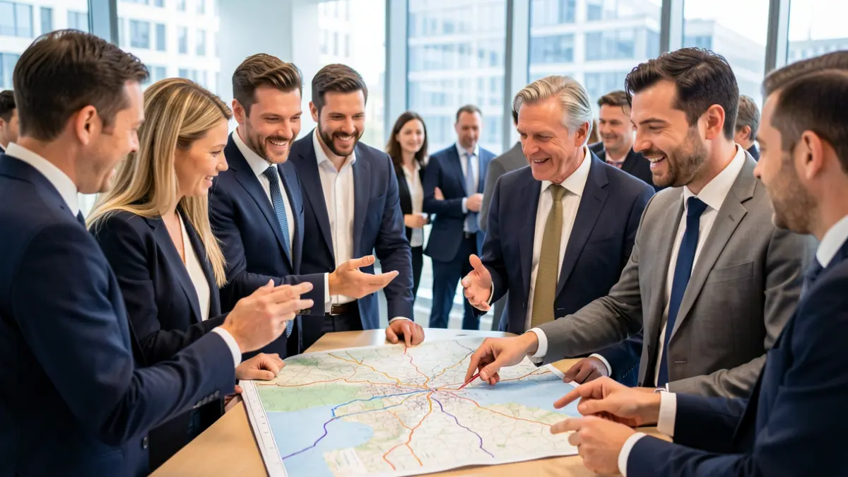 Generic image of professionals discussing around a map in a modern meeting room.