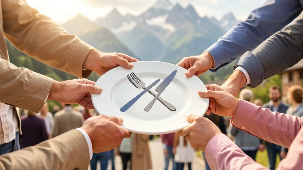 Generic image of hands united around a plate symbolizing collective catering.