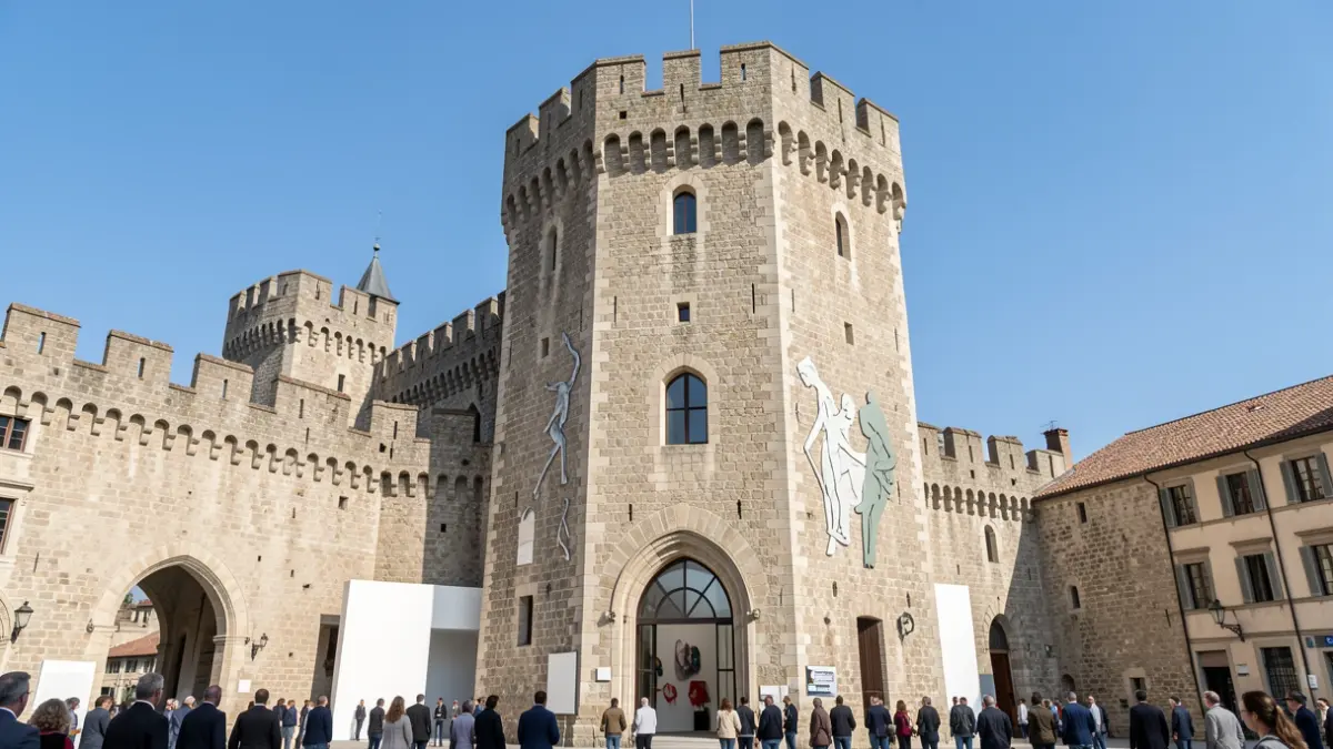 Generic image of a fortified medieval tower, integrated into a contemporary art exhibition space.