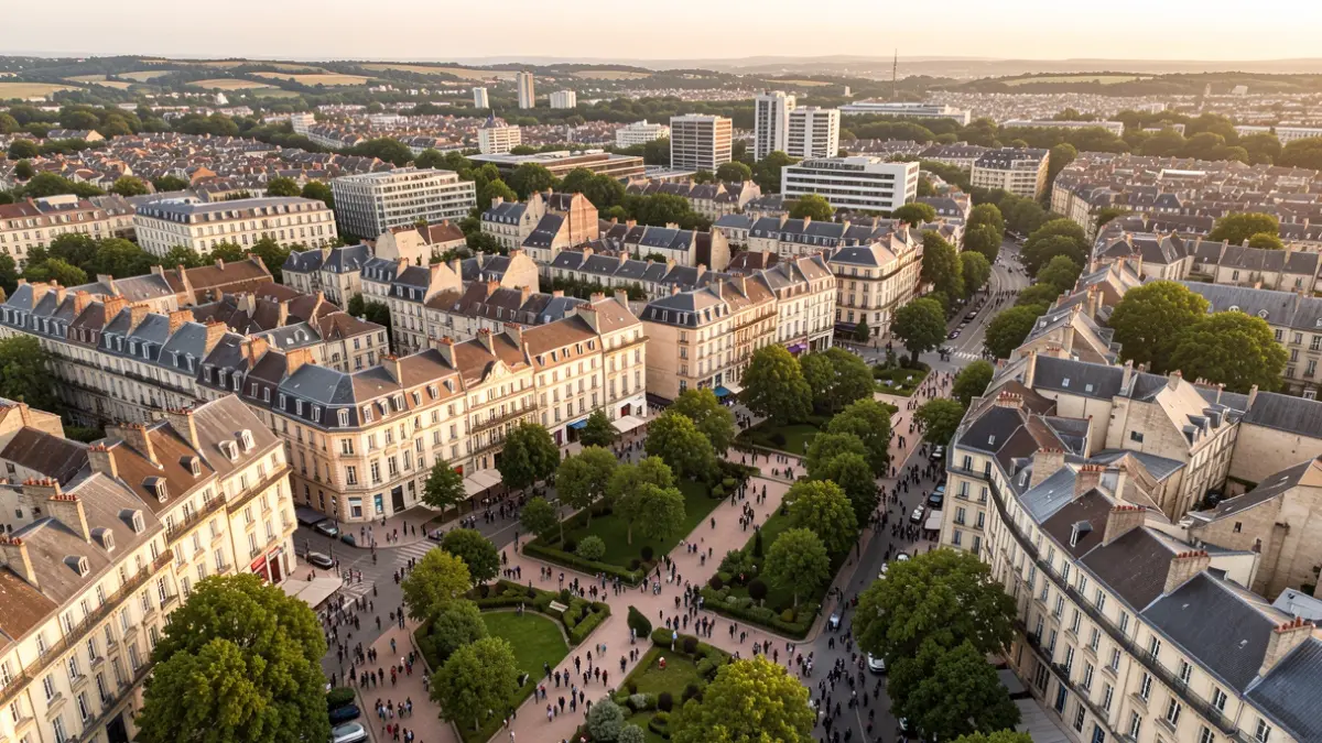 Aerial view of a French town with a mix of old and new architecture, focusing on urban development and green spaces.