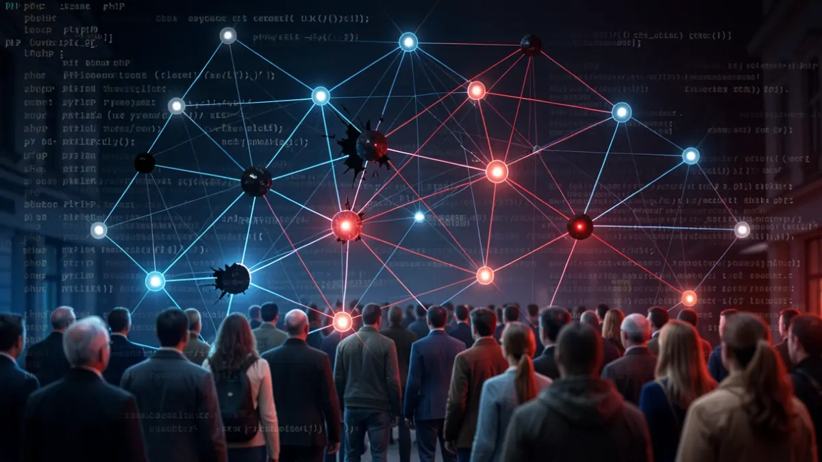 Generic image of a fragmented digital network with dark nodes, symbolizing a cyberattack. Computer code overlay.