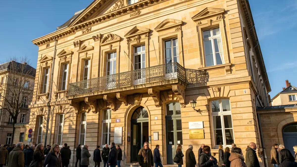 Image générique de la façade en pierre d'un hôtel de ville français avec balcon orné et balustrade en fer forgé, éclairée par le soleil d'après-midi.