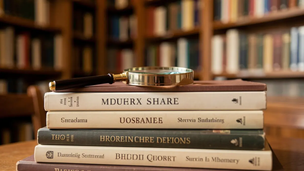 Image générique d'une pile de livres avec une loupe, dans une ambiance de bibliothèque.