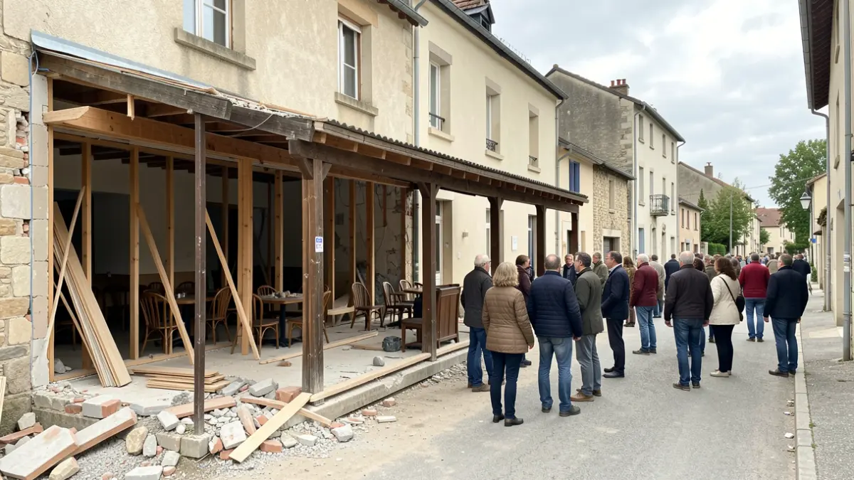 Construction site of the Chez Jeannot bar-restaurant renovation in Chavanod, with demolition work in progress.