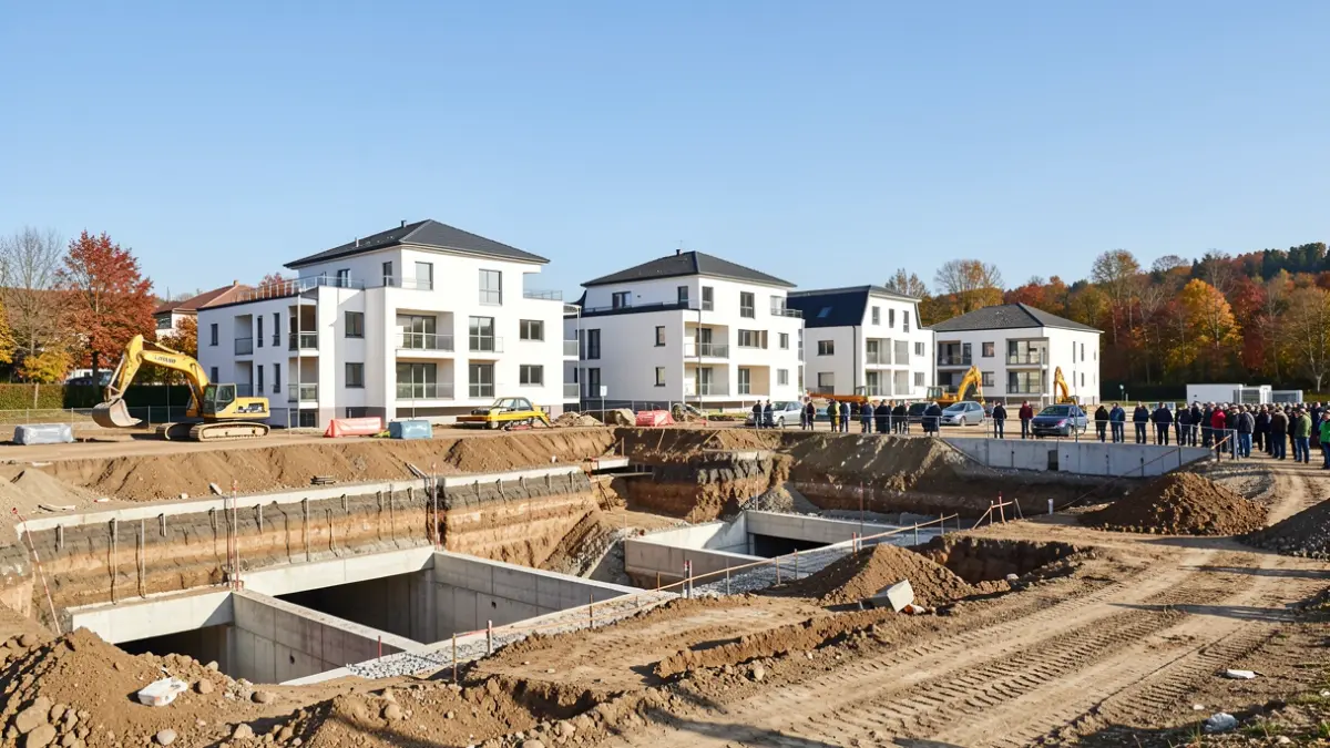 Construction site of the 'Novaé' real estate project in Epagny Metz-Tessy, showing excavation for basements and building foundations.