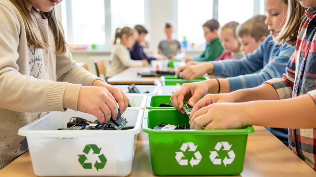 Children's hands sorting used electronic devices in a classroom.