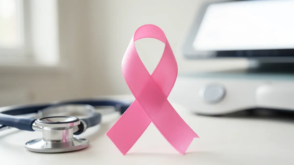 Generic image of the pink ribbon symbol of breast cancer awareness, on a blurred background of medical tools.