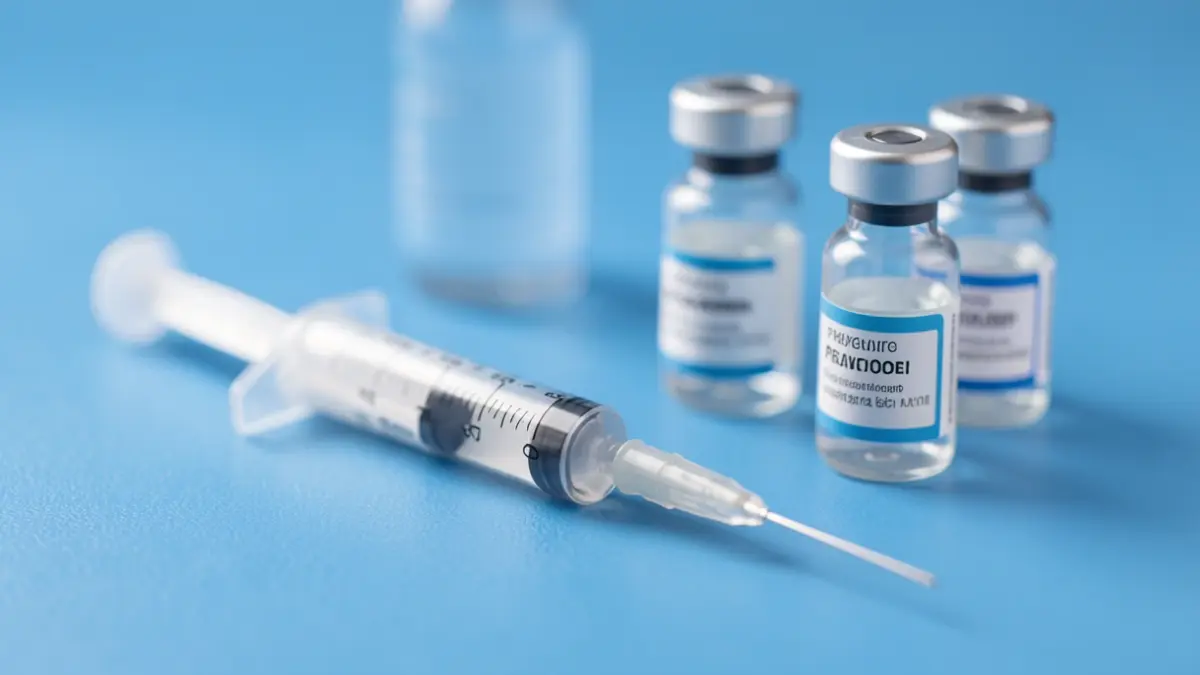 Generic image of medical syringes and vials on a blue background.