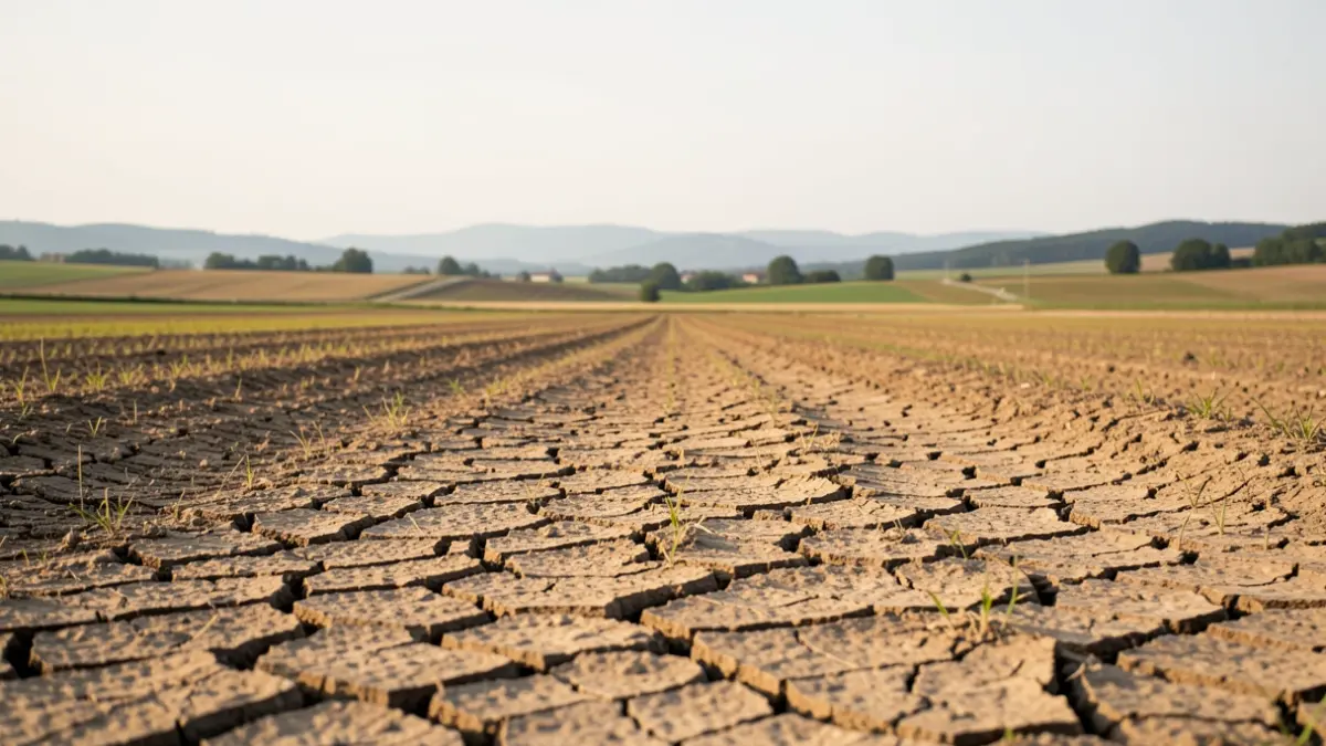 Generic image of arid agricultural fields in the Auvergne-Rhône-Alpes region, with cracked earth visible under a pale sky.