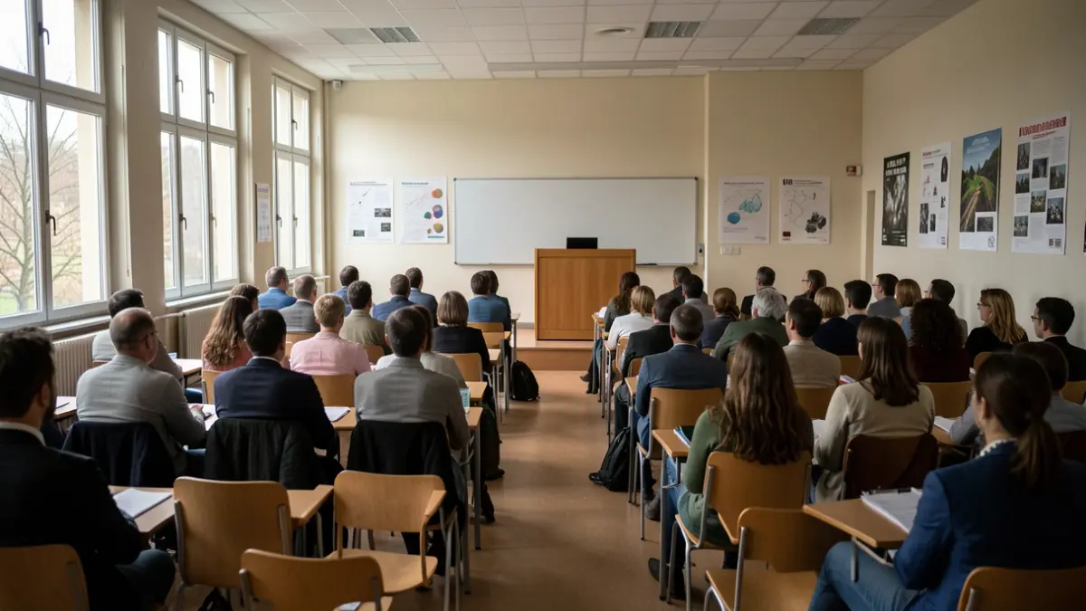 Generic image of an empty university lecture hall with chairs and scientific posters.