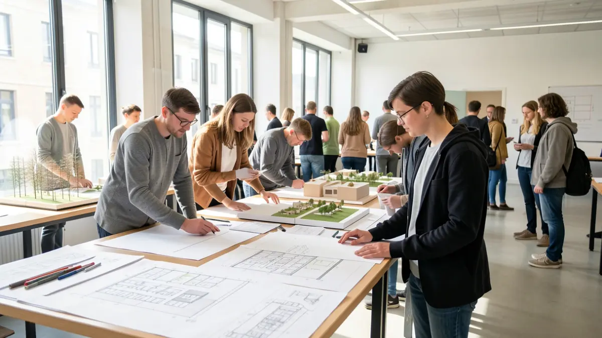 Image générique d'étudiants en architecture travaillant sur des maquettes à l'Université Grenoble Alpes.