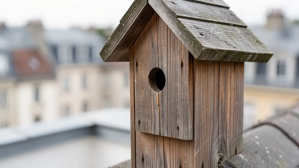Image générique d'un nichoir en bois sur un toit.