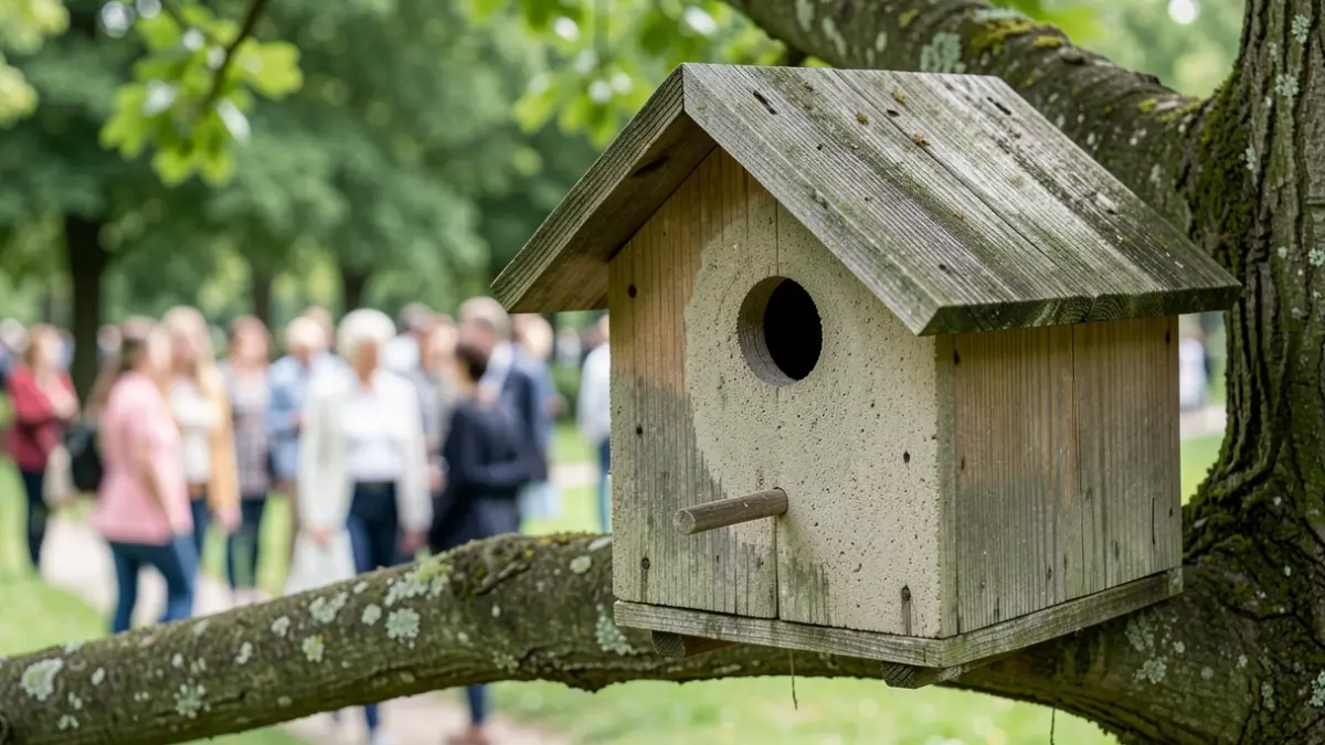 Image générique de nichoirs bien entretenus dans un parc, avec des détails sur les matériaux et l'environnement naturel.