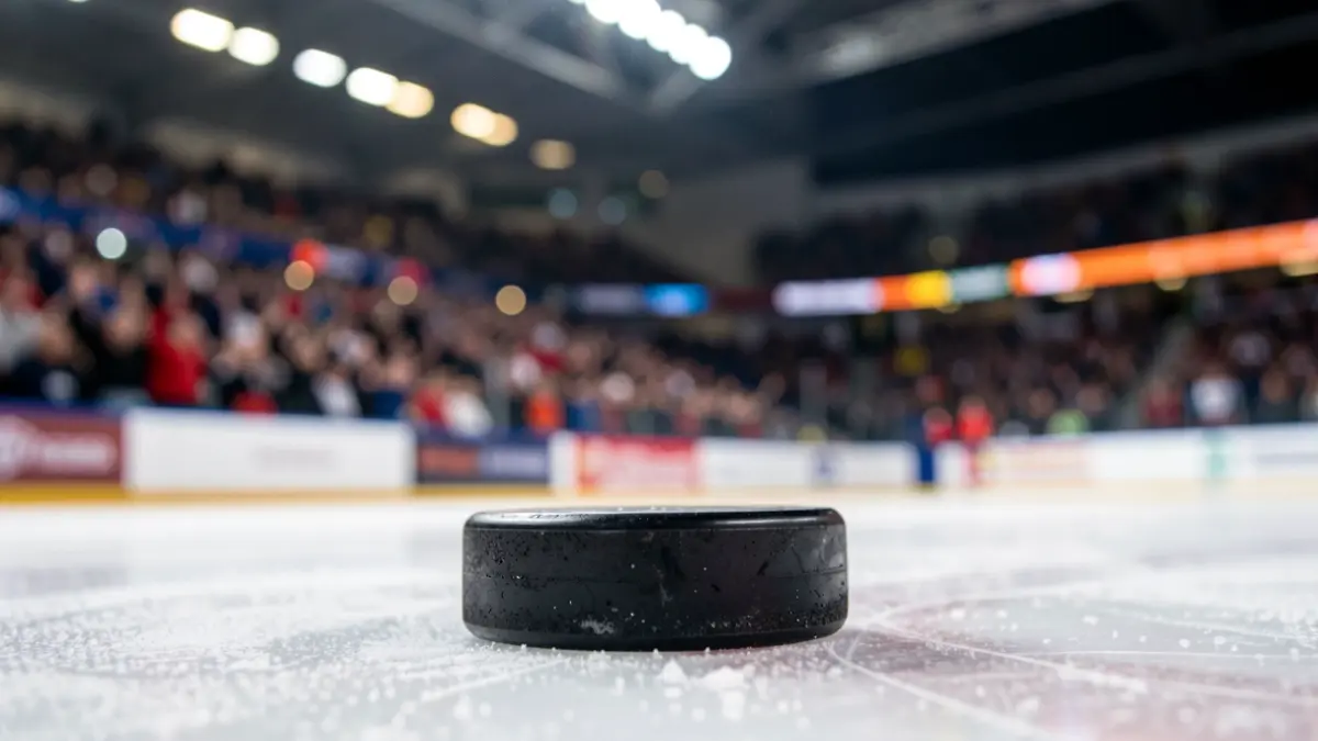 Generic image of a hockey puck on ice in a stadium.