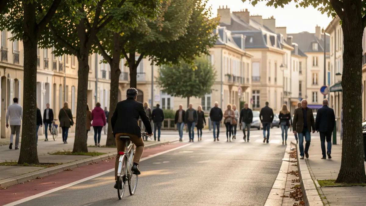 Image générique d'une piste cyclable dans une ville française, avec des arbres et des bâtiments en arrière-plan.