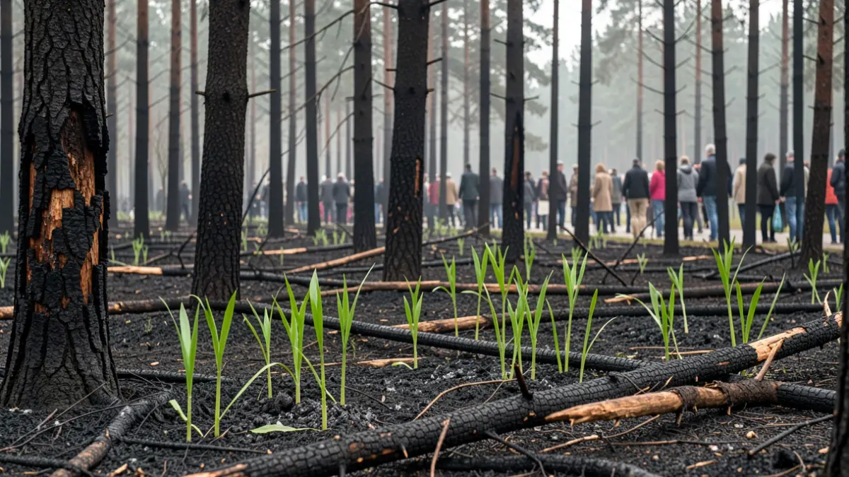 Generic image of a forest after a fire, with damaged trees and new green shoots symbolizing renewal.