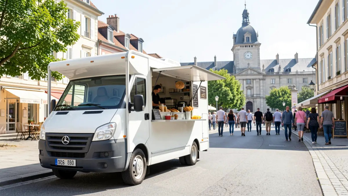 Food truck parked on a street in Divonne-les-Bains, with a local building in the background.
