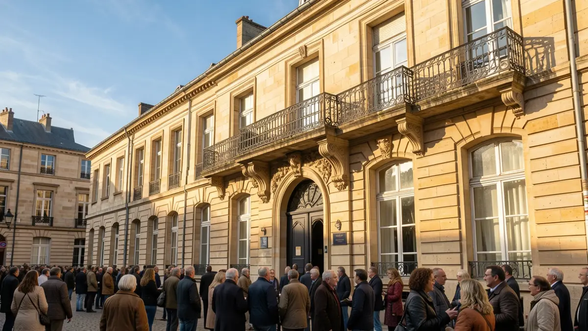 Generic image of a stone town hall facade with an ornate balcony and iron railings, under afternoon sunlight.