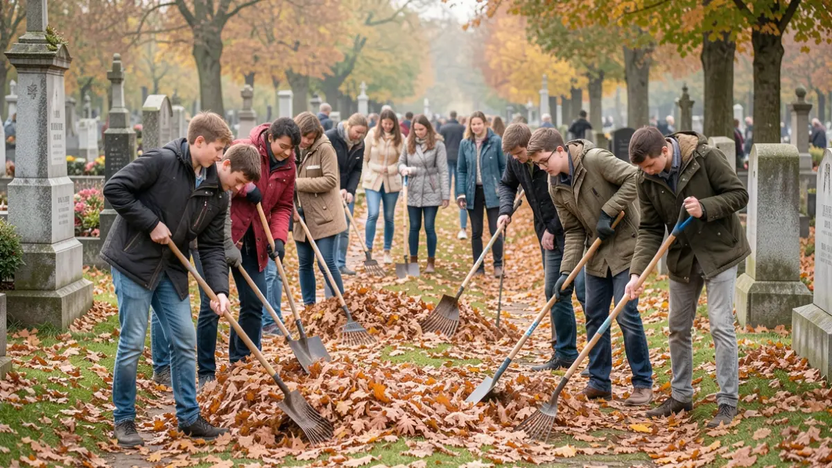 Image générique de jeunes gens aidant à nettoyer un cimetière avec des outils de jardinage, dans une ambiance d'automne.