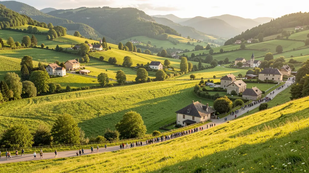 Image générique d'une vallée verdoyante dans la région Auvergne-Rhône-Alpes avec des bâtiments dispersés et une route sinueuse, sous un soleil d'après-midi.
