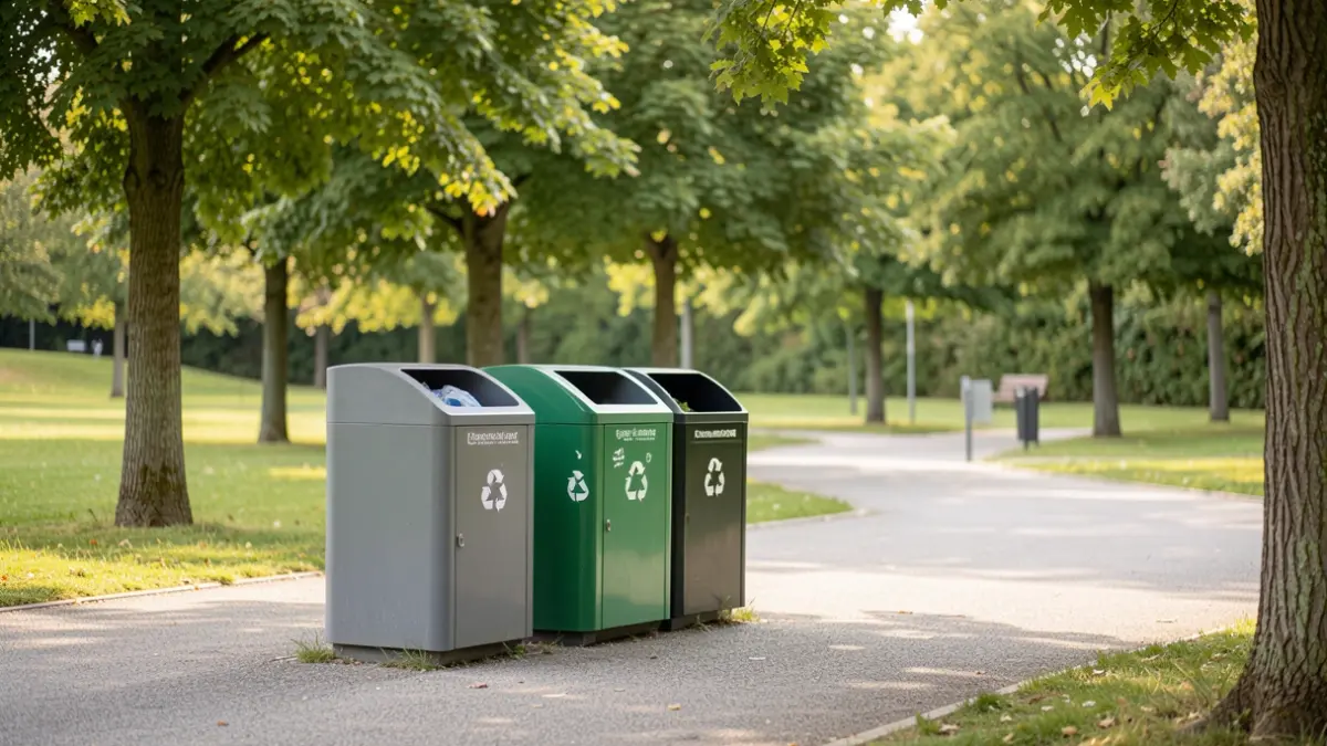 Generic image of a public park with new recycling bins.
