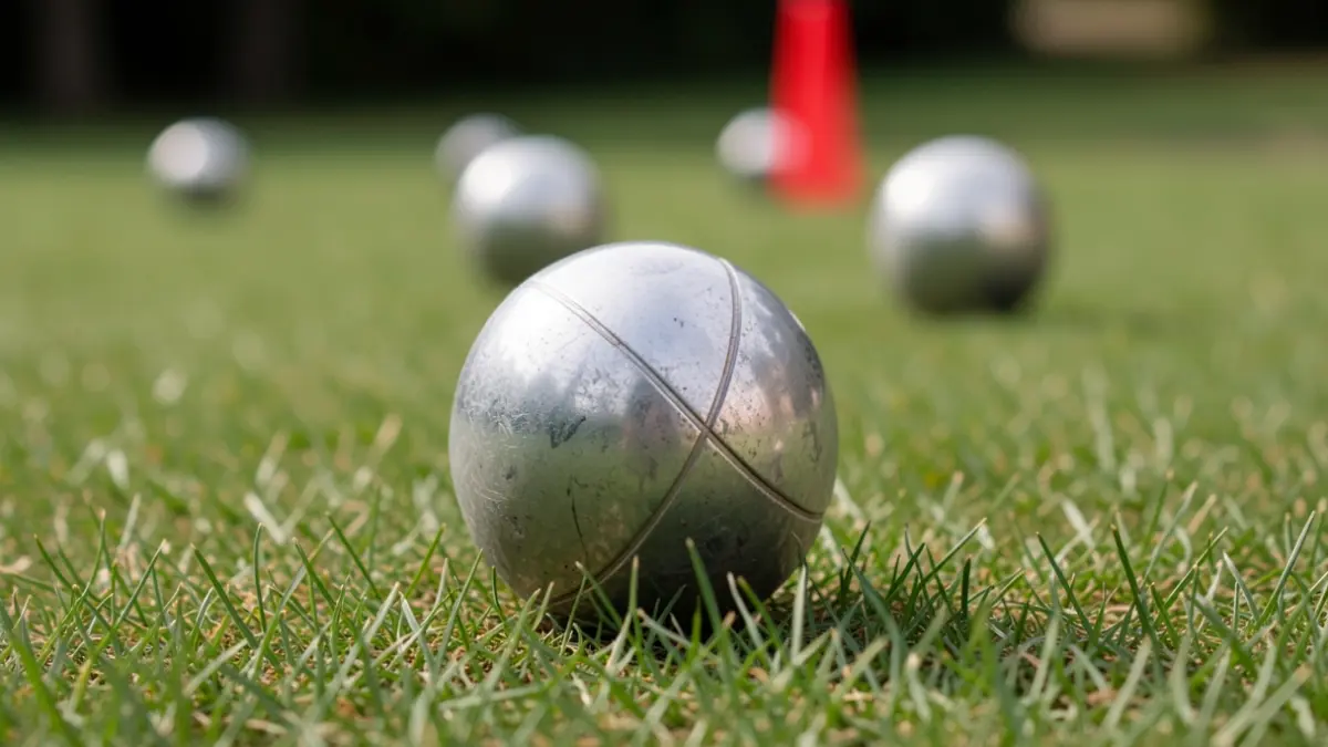 Generic image of pétanque balls on a green lawn.