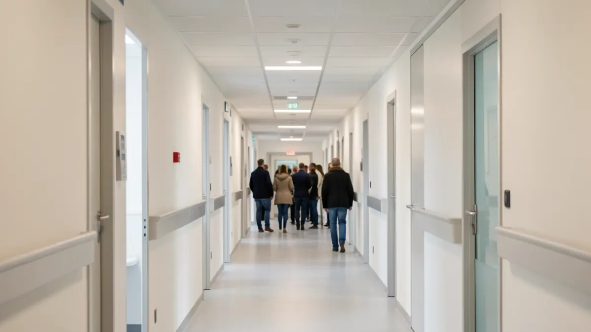 Generic image of a hospital hallway with soft, diffused lighting, no people visible, focus on the clean, modern architecture. The scene should evoke a sense of calm and professionalism, typical of a healthcare facility in the Auvergne-Rhône-Alpes region.