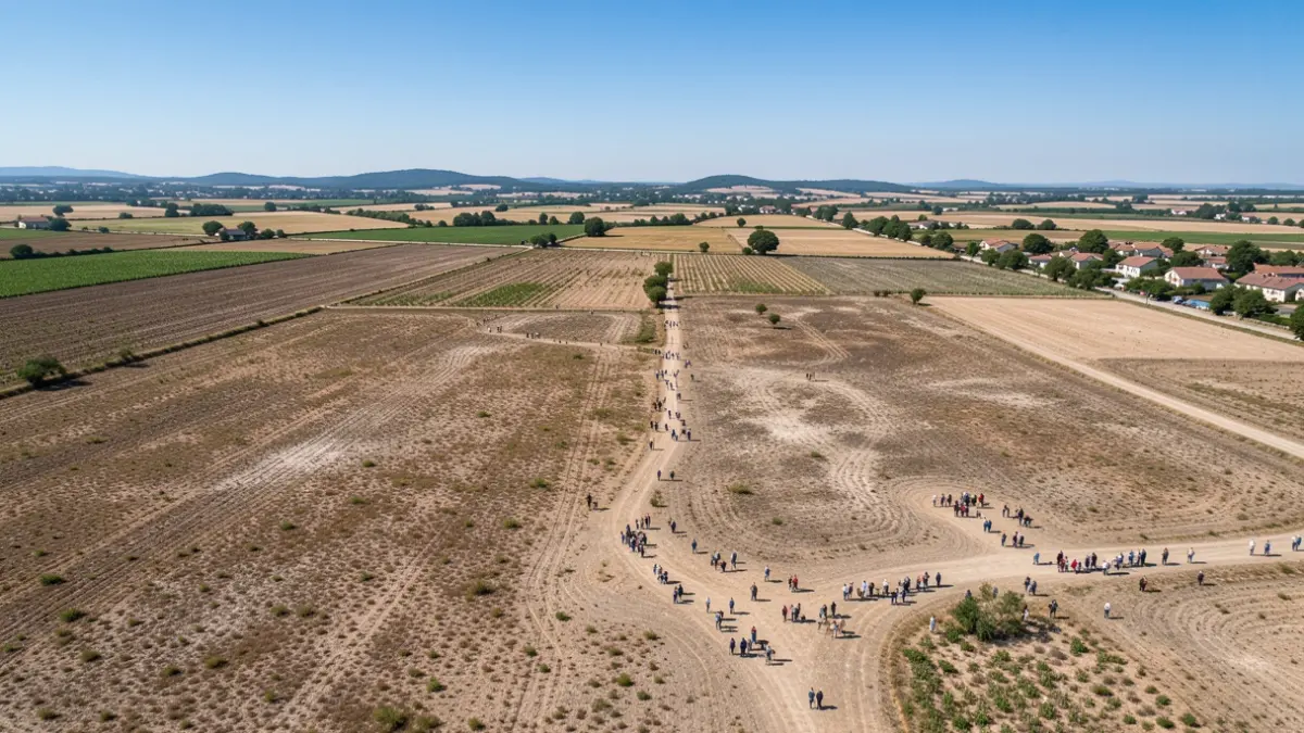 Vue aérienne de champs agricoles dans la Drôme, montrant des signes de sécheresse.