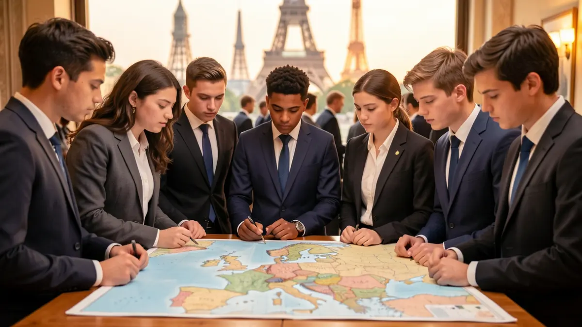 Image générique de jeunes apprentis regardant une carte de l'Europe.