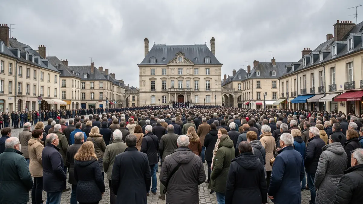 Generic image of a commemoration ceremony in a public space, with a gathered crowd and a public building in the background.