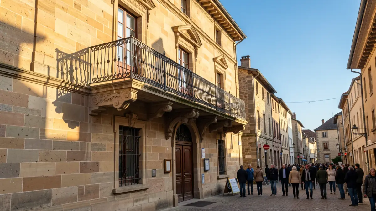 Generic image of a stone town hall facade with an ornate balcony and iron railings, warm afternoon light, blue sky.