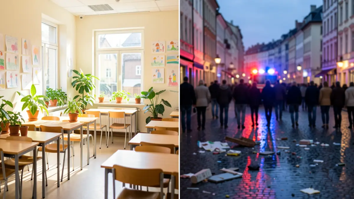 Split image: a modern, green classroom on one side, and a damaged public square with emergency lights on the other.