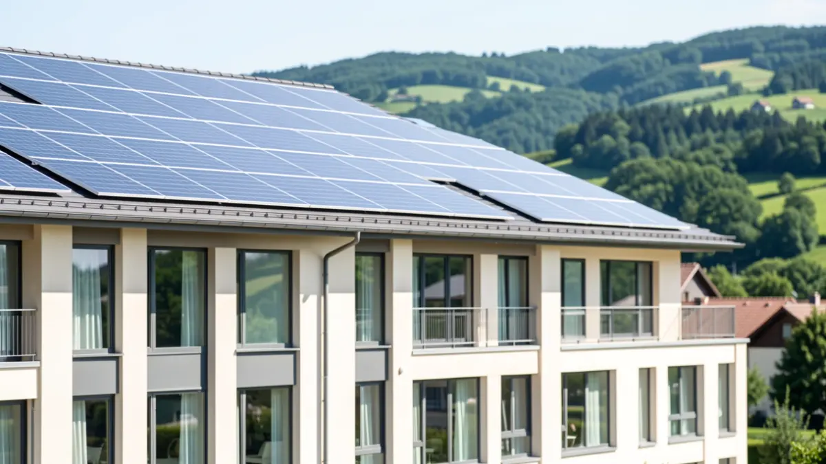 Generic image of a modern building facade with integrated solar panels, set against a hilly landscape in the Auvergne-Rhône-Alpes region.