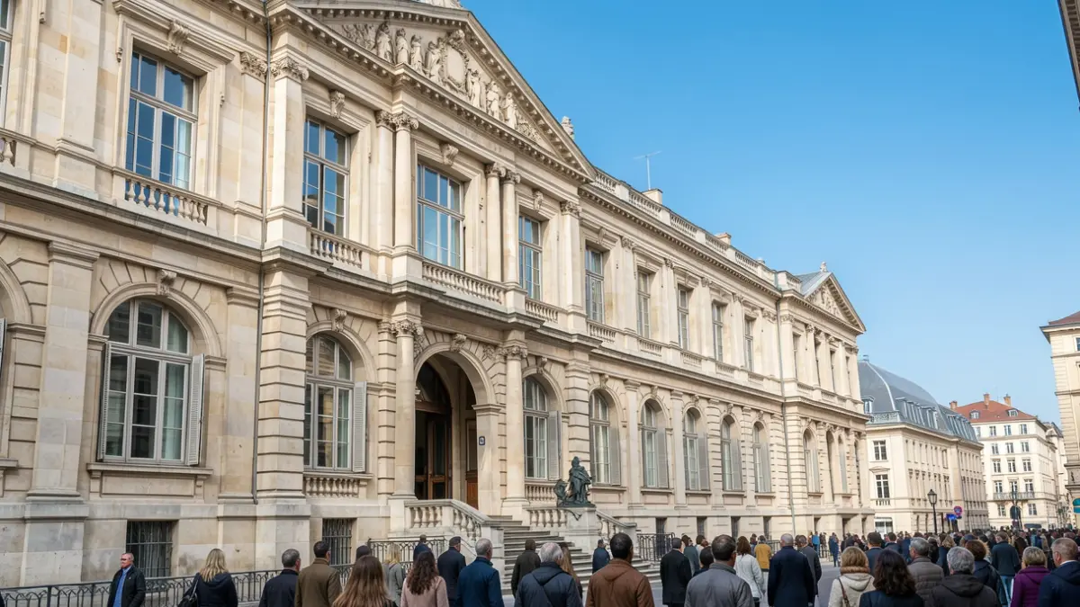 Stone facade of a university building in Lyon, with ornate architectural details and large windows, under a clear blue sky.