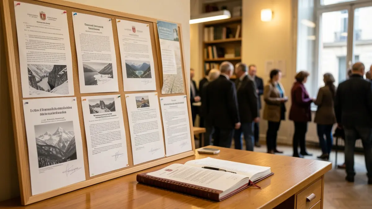 Generic image of a public inquiry notice board with official documents and a registration book on a wooden desk, warm office lighting, shallow depth of field.