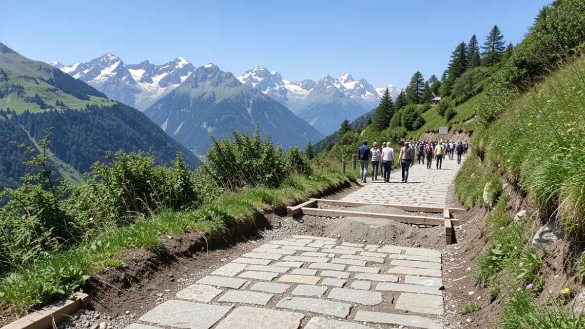 Maintained hiking trail in the French Alps, with water diversion structures and snow-capped mountains in the background.