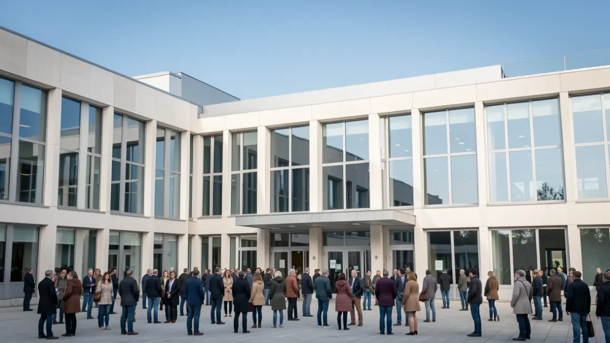 Generic image of a modern institutional building facade with large windows and clean lines, under a clear blue sky.
