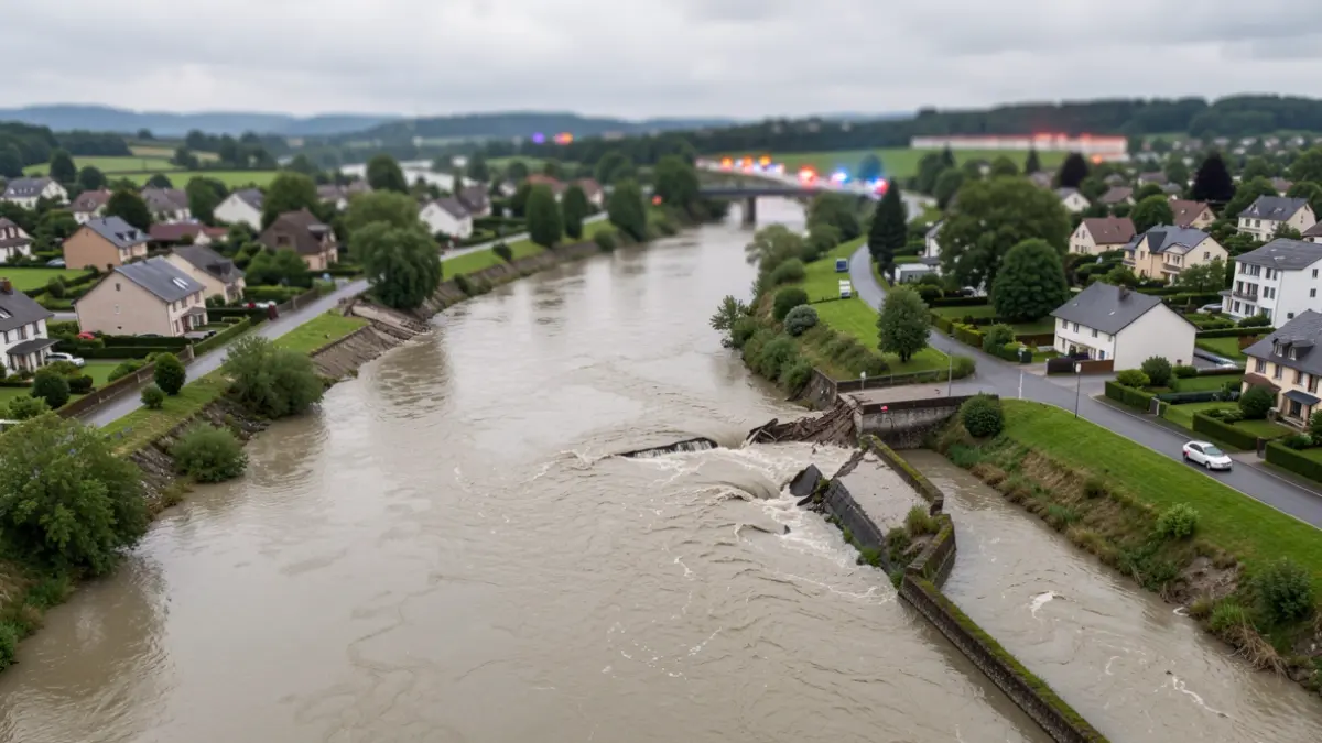 Aerial view of a river (Drac) with a damaged dike, symbolizing a flood risk, with emergency lights blurred in the background. The scene is set in a suburban area of Auvergne-Rhône-Alpes, with a slightly overcast sky.