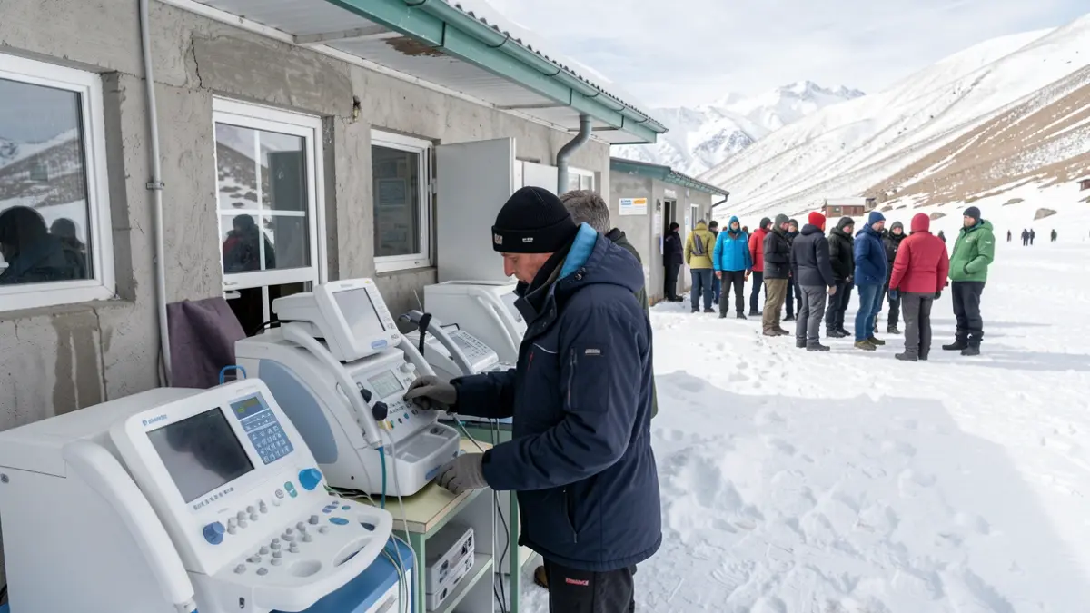 Generic image of researchers working in a high-altitude laboratory in Peru with medical equipment.
