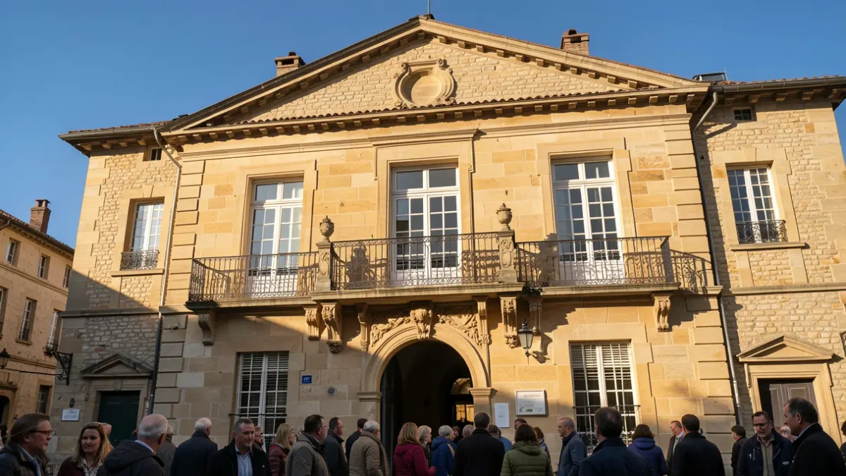 Image générique de la façade d'un hôtel de ville en pierre avec balcon et balustrade en fer forgé, sous le soleil de l'après-midi.