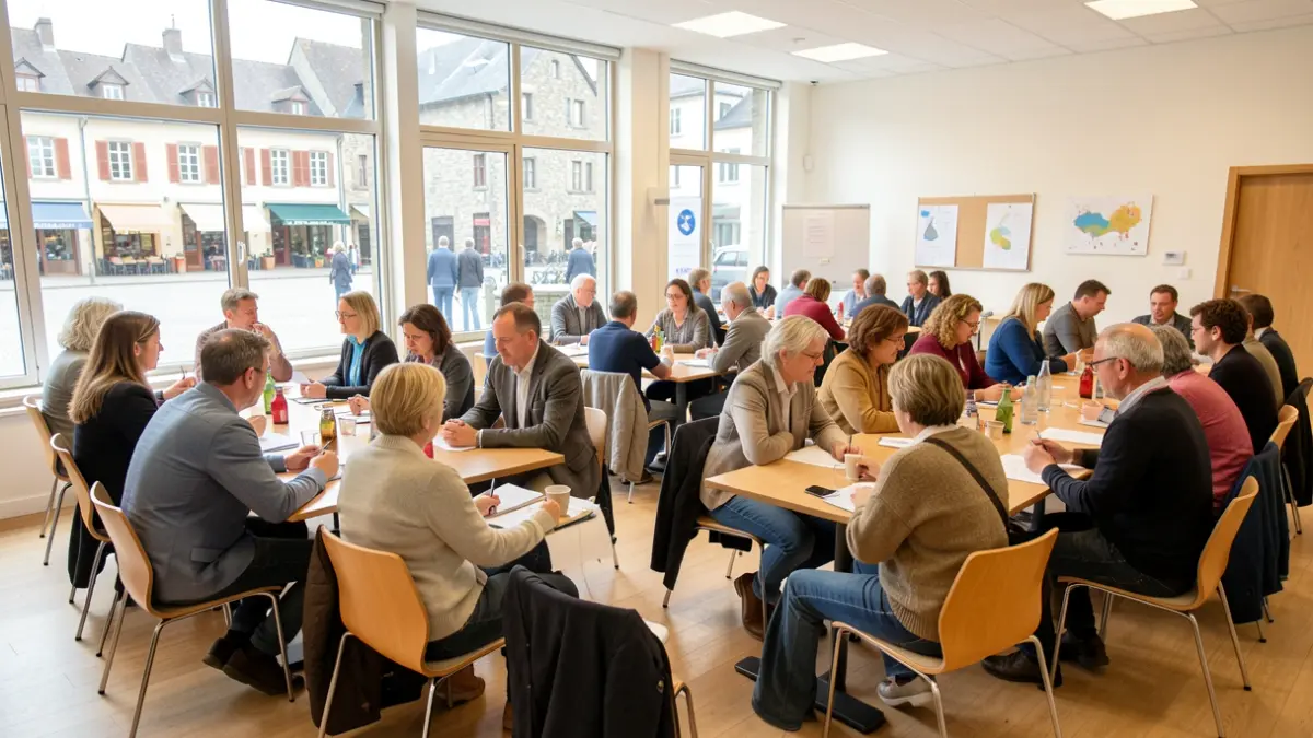 Generic image of a municipal hall with citizens discussing during a town hall meeting.