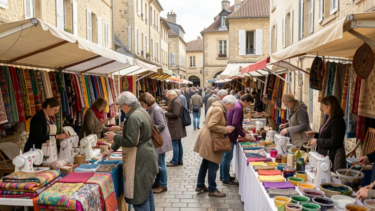 Colorful outdoor market scene with textile stalls, sewing machines, and natural dyeing materials in a French village.