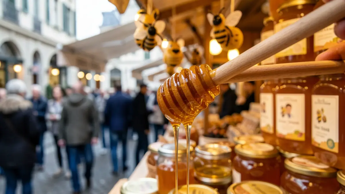 Golden honey dripping from a honey dipper, bustling market in the background.
